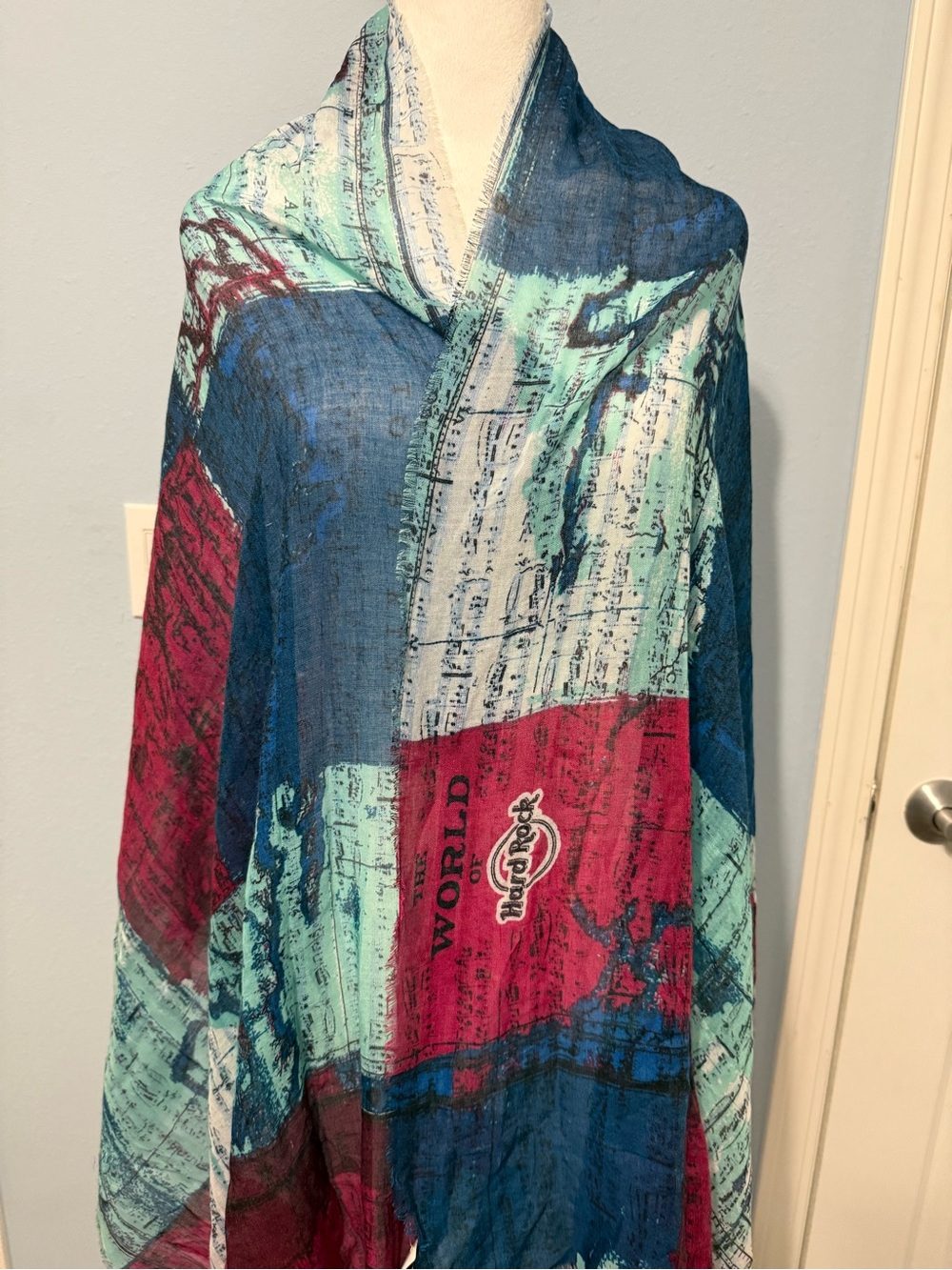 Hard Rock Cafe Blue Teal and Red Graphic Shawl